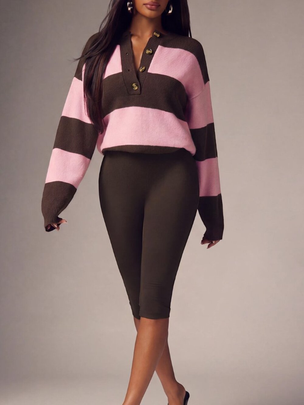 Pink Casual Women's Contrast Striped Rib-Knit Button Front Drop Sleeve Pullovers